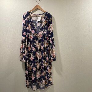 NWT PETAL ROZ Maxi "Duster" V-Neck Bell Sleeve Dress Navy Floral Women Size L